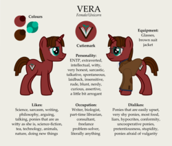 Size: 4000x3410 | Tagged: safe, artist:gordontheonefreemane, oc, oc only, oc:vera, pony, unicorn, blazer, clothes, female, glasses, mare, mbti, myers-briggs, nerd, ponysona, reference sheet, simple background, solo, suit