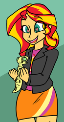 Size: 1227x2343 | Tagged: safe, artist:/d/non, ray, sunset shimmer, gecko, leopard gecko, equestria girls, g4, my little pony equestria girls: summertime shorts, pet project, clothes, cute, duo, female, happy, heart eyes, jacket, leather jacket, open mouth, pet, shimmerbetes, simple background, skirt, smiling, wingding eyes