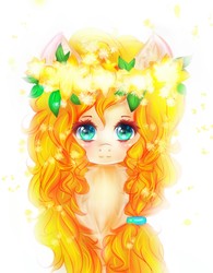 Size: 1500x1925 | Tagged: safe, artist:ashleycl, pear butter, earth pony, pony, g4, bust, cute, female, floral head wreath, flower, looking at you, mare, pearabetes, portrait, solo