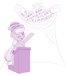 Size: 800x920 | Tagged: safe, artist:dstears, applejack, earth pony, pony, g4, female, hat, lectern, looking at you, mare, monochrome, one eye closed, open mouth, pointing, purple, smiling, solo, wink