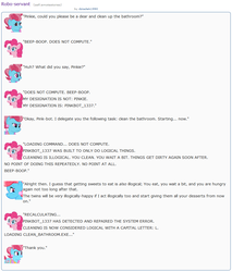 Size: 872x1023 | Tagged: safe, artist:dziadek1990, cup cake, pinkie pie, robot, g4, blackmail, cleaning, conversation, dessert, dialogue, emote story, emotes, lazy, reddit, slice of life, text