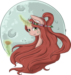 Size: 1113x1177 | Tagged: safe, artist:violentdreamsofmine, oc, oc only, oc:natura, kirin, bust, curved horn, female, flower, glowing horn, horn, magic, mare, moon, portrait, rose, simple background, solo, telekinesis, transparent background