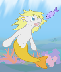 Size: 2400x2800 | Tagged: safe, artist:parallel black, oc, oc only, oc:salmonia, fish, merpony, commission, coral, ear fins, gills, high res, ocean, solo, underwater