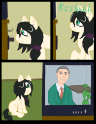 Size: 600x770 | Tagged: safe, artist:scraggleman, oc, oc only, oc:floor bored, earth pony, human, pony, comic, mister rogers, mister rogers' neighborhood, sitting, solo, television, vcr, vhs