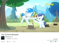 Size: 1819x1322 | Tagged: safe, edit, screencap, rumble, skeedaddle, pegasus, pony, g4, marks and recreation, bow, colt, male, top 10 anime list parody, watchmojo.com
