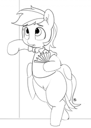 Size: 1280x1794 | Tagged: safe, artist:pabbley, daring do, pegasus, pony, g4, 30 minute art challenge, bipedal, bipedal leaning, fan, female, hot, leaning, monochrome, open mouth, pubic fluff, pubic mound, solo