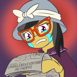 Size: 1000x1000 | Tagged: safe, artist:empyu, a.k. yearling, daring do, pony, daring done?, g4, 30 minute art challenge, crying, female, glasses, gradient background, hat, mare, newspaper, solo