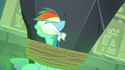 Size: 1280x720 | Tagged: safe, screencap, rainbow dash, pegasus, pony, daring done?, g4, blindfold, female, mare, solo, tied up