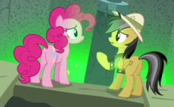 Size: 474x292 | Tagged: safe, screencap, daring do, pinkie pie, daring done?, g4, butt, cropped, hat, plot