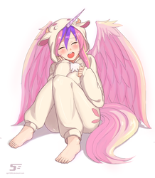 Size: 2165x2486 | Tagged: safe, artist:spiz1206, oc, oc only, oc:princess iris, alicorn, human, alicorn oc, blushing, clothes, costume, cute, feet, female, high res, horn, horned humanization, humanized, humanized oc, kigurumi, ocbetes, solo, tailed humanization, winged humanization, wings