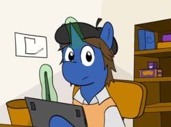 Size: 1148x851 | Tagged: safe, artist:cobaltsketch, oc, oc only, oc:cobalt sketch, pony, unicorn, twilight sparkle's secret shipfic folder, beret, book, bookshelf, drawing tablet, hat, solo, sweater vest