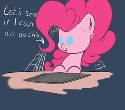 Size: 2100x1860 | Tagged: safe, artist:madacon, pinkie pie, earth pony, pony, g4, blue background, dialogue, drawing tablet, female, mare, simple background, smiling, solo, spider web