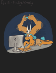 Size: 1280x1656 | Tagged: safe, artist:cobaltsketch, earth pony, pony, arcade stick, atg 2017, cerebella, computer, controller, hat, newbie artist training grounds, ponified, skullgirls, video game