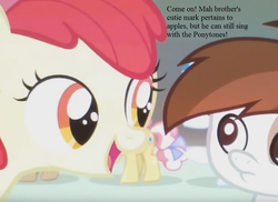 Size: 880x640 | Tagged: safe, edit, edited screencap, editor:korora, screencap, apple bloom, kettle corn, pipsqueak, skeedaddle, earth pony, pony, g4, marks and recreation, colt, cropped, implied big macintosh, male, text
