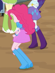 Size: 1536x2048 | Tagged: safe, screencap, fluttershy, pinkie pie, rarity, equestria girls, equestria girls specials, g4, movie magic, boots, bracelet, clothes, crossed arms, female, jewelry, rear view, shoes, skirt, socks, squatting