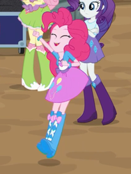 Size: 1536x2048 | Tagged: safe, screencap, fluttershy, pinkie pie, rarity, spike, spike the regular dog, dog, equestria girls, equestria girls specials, g4, movie magic, crossed arms, cute, eyes closed, female, open mouth