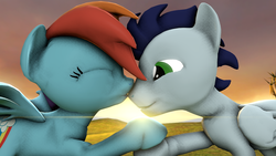 Size: 1920x1080 | Tagged: safe, artist:hellmille, rainbow dash, soarin', pony, g4, 3d, female, male, nose kiss, ship:soarindash, shipping, source filmmaker, straight