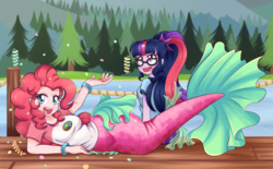 Size: 1480x920 | Tagged: safe, artist:lucy-tan, pinkie pie, sci-twi, twilight sparkle, human, mermaid, equestria girls, g4, glasses, lake, looking at you, smiling, streamers, tree, water