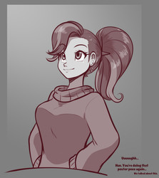 Size: 1602x1800 | Tagged: safe, artist:scorpdk, starlight glimmer, human, g4, alternate hairstyle, breasts, busty starlight glimmer, clothes, cute, ear piercing, female, glimmerbetes, humanized, monochrome, piercing, ponytail, simple background, smiling, solo, sweater