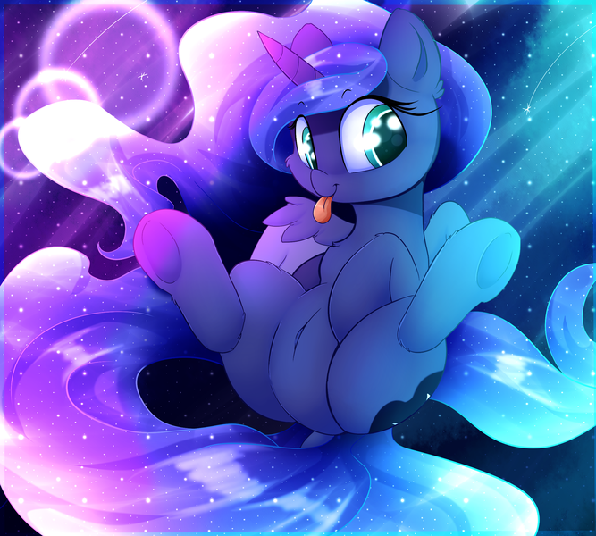 1532731 - safe, artist:madacon, princess luna, alicorn, pony, belly button,  color porn, cute, ethereal mane, featureless crotch, female, filly,  lunabetes, mare, silly, silly pony, smiling, solo, starry mane, tongue out,  underhoof, woona,