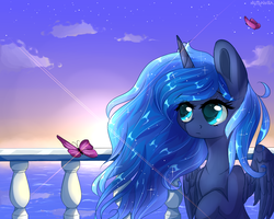 Size: 1500x1200 | Tagged: safe, artist:mitralexa, princess luna, alicorn, butterfly, pony, g4, balcony, cloud, evening, missing accessory, sky, stars, sun, water, windswept mane