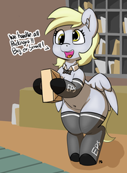 Size: 3001x4080 | Tagged: safe, artist:pabbley, derpy hooves, pony, g4, belly button, bipedal, clothes, cute, derpabetes, dialogue, female, mailmare, mare, open mouth, package, socks, solo, uniform