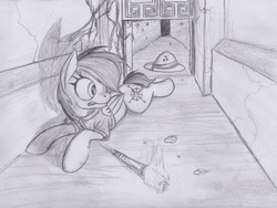 Size: 2256x1701 | Tagged: safe, artist:scribblepwn3, daring do, pegasus, pony, g4, female, hat, monochrome, pencil drawing, solo, temple, torch, traditional art