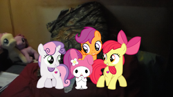 Size: 1696x954 | Tagged: safe, apple bloom, scootaloo, sweetie belle, g4, crossover, cutie mark crusaders, irl, my melody, photo, ponies in real life, sanrio, sega