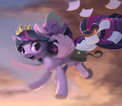 Size: 823x722 | Tagged: safe, artist:bakuel, spike, twilight sparkle, alicorn, dragon, pony, g4, baby, baby dragon, crown, cute, dragons riding ponies, female, flying, jewelry, male, mare, open mouth, paper, regalia, riding, saddle bag, sky, smiling, spikabetes, spike riding twilight, twiabetes, twilight sparkle (alicorn), wings