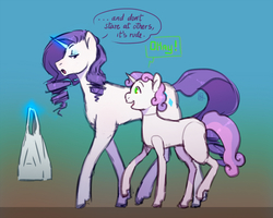 Size: 1250x1000 | Tagged: safe, artist:voyager, rarity, sweetie belle, pony, robot, unicorn, g4, duo, female, filly, glowing horn, gradient background, horn, magic, mare, shopping, speech bubble, sweetie bot, telekinesis
