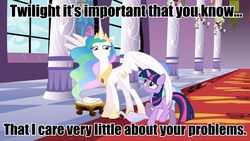 Size: 960x540 | Tagged: safe, edit, edited screencap, screencap, princess celestia, twilight sparkle, alicorn, pony, unicorn, g4, the crystal empire, duo, ethereal mane, female, image macro, mare, meme, unicorn twilight, wing hold