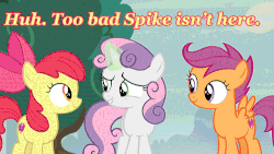 Size: 500x281 | Tagged: safe, screencap, apple bloom, scootaloo, sweetie belle, earth pony, pegasus, pony, unicorn, g4, hard to say anything, animated, cutie mark crusaders, female, filly, gif, laughing, misspelling, subtitles, trio