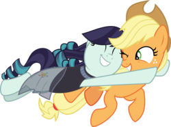 Size: 4836x3591 | Tagged: safe, artist:jhayarr23, applejack, coloratura, earth pony, pony, g4, cute, duo, female, glomp, jackabetes, lesbian, mare, rarabetes, ship:rarajack, shipping, simple background, smiling, transparent background