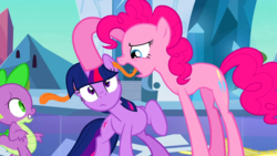 Size: 1280x720 | Tagged: safe, edit, edited screencap, editor:ah96, screencap, pinkie pie, spike, twilight sparkle, dragon, earth pony, pony, unicorn, g4, the crystal empire, ear licking, ear penetration, female, literal mindfuck, long tongue, male, mare, tongue out, wat, wet willy