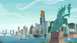 Size: 1280x720 | Tagged: safe, screencap, pegasus, pony, g4, the gift of the maud pie, architecture, background pony, bridge, building, city, cityscape, crystaller building, duckery in the description, female, flying, friendship express, friendship island, manehattan, manhattan, mare, new york, pier, sailboat, scenery, ship, skyline, stadium, statue of friendship, statue of liberty, train, we are going to hell
