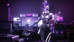 Size: 2880x1620 | Tagged: safe, artist:nikpinkie, starlight glimmer, anthro, g4, 3d, computer, crossover, female, overwatch, solo, sombra (overwatch), sombra glimmer, weapon