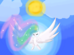 Size: 2436x1826 | Tagged: safe, artist:birdsarecool, princess celestia, alicorn, pony, g4, eyes closed, female, flying, mare, solo, spread wings, sun, wings
