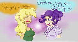 Size: 1279x695 | Tagged: safe, artist:xxcamelia, applejack, rarity, human, g4, darling, female, humanized, lesbian, ship:rarijack, shipping, shipping is magic