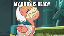 Size: 600x337 | Tagged: safe, edit, edited screencap, screencap, somnambula, daring done?, g4, blindfold, image macro, meme, memeful.com, my body is ready