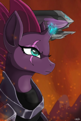 Size: 800x1200 | Tagged: safe, artist:joselyn565, tempest shadow, pony, unicorn, g4, my little pony: the movie, airship, armor, broken horn, eye scar, female, horn, implied fire, mare, scar, solo, sparking horn