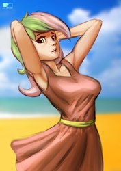 Size: 1527x2160 | Tagged: safe, artist:greenfireartist, oc, oc only, oc:green blaze, human, arm behind head, armpits, beach, clothes, cloud, cloudy, dress, humanized, humanized oc, open mouth, sky