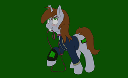 Size: 6000x3700 | Tagged: safe, artist:coreboot, oc, oc only, oc:littlepip, pony, unicorn, fallout equestria, blushing, clothes, collar, eyes rolling back, fanfic, fanfic art, female, jumpsuit, leash, mare, mouth hold, pet play, pipboy, pipbuck, simple background, solo, vault suit, wip