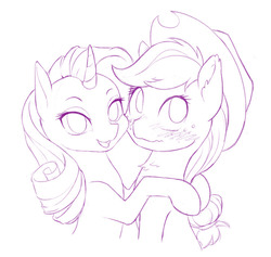 Size: 800x759 | Tagged: safe, artist:dstears, applejack, rarity, pony, unicorn, g4, blushing, cowboy hat, female, freckles, hat, lesbian, looking at you, mare, monochrome, ship:rarijack, shipping, simple background, smiling, stetson