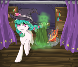 Size: 2309x1983 | Tagged: safe, artist:violentdreamsofmine, oc, oc only, oc:sugar spell, earth pony, pony, book, cauldron, curtains, female, fire, hat, mare, running, solo, witch, witch hat