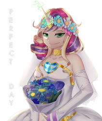 Size: 1600x1900 | Tagged: safe, artist:togeticisa, queen chrysalis, human, a canterlot wedding, g4, clothes, dress, fake cadance, flower, horn, horned humanization, humanized, simple background, wedding dress, white background