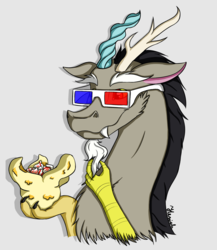 Size: 1708x1966 | Tagged: safe, artist:heniek, discord, draconequus, g4, 3d glasses, bust, chest fluff, food, male, popcorn, simple background, solo