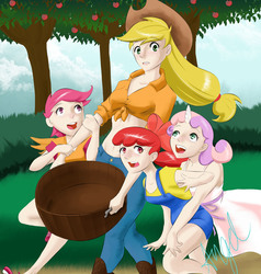 Size: 1920x2015 | Tagged: source needed, safe, artist:angel, apple bloom, applejack, scootaloo, sweetie belle, human, g4, apple tree, basket, belly button, clothes, cowboy hat, cute, cutie mark crusaders, day, dress, front knot midriff, hat, horn, humanized, midriff, overalls, summer dress, sundress, tree, white dress