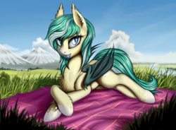 Size: 3342x2454 | Tagged: safe, artist:lightly-san, oc, oc only, oc:icy breeze, bat pony, bat pony oc, crossed hooves, female, grass, grin, high res, looking at you, mountain, picnic blanket, prone, smiling, solo