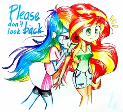 Size: 1225x1115 | Tagged: safe, artist:liaaqila, rainbow dash, sunset shimmer, equestria girls, g4, crying, duo, female, sad, scared, traditional art