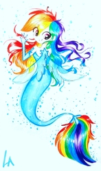 Size: 2120x3614 | Tagged: safe, artist:liaaqila, rainbow dash, mermaid, equestria girls, g4, my little pony: the movie, bubble, female, high res, looking at you, looking back, looking back at you, mermaidized, smiling, solo, species swap, traditional art